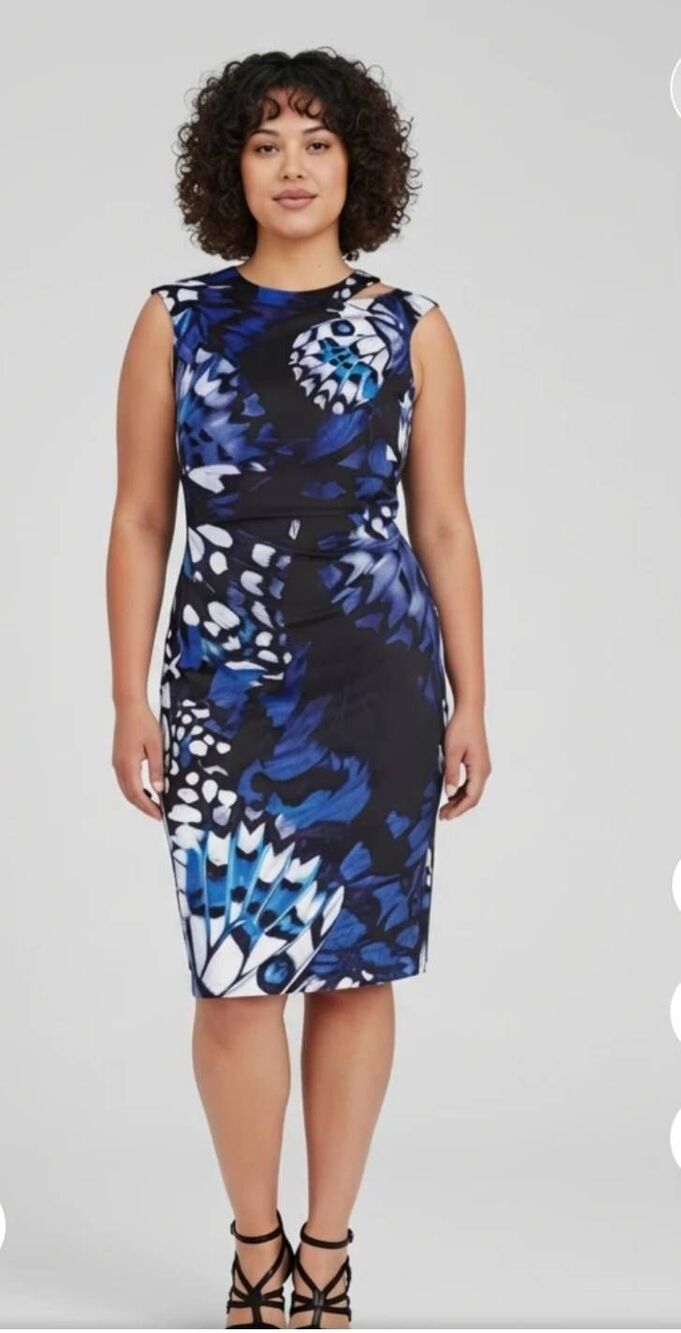 Karen Millen Blue/Blk Abstract Butterfly Prt. Slvls. Midi Dress,EUC, sz. 12